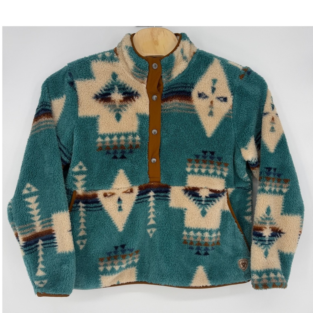 Ariat Berber Snap Front Sweatshirt XL Turquoise Southwestern Fleece 10062613 - Picture 2 of 9